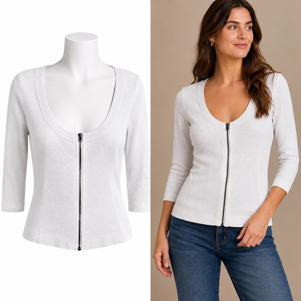 Anthropologie Maeve Front Zip Scoop Neck Top Womens Small White Ribbed